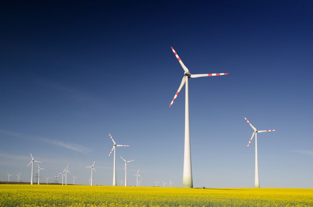 windmills on grass field at daytime